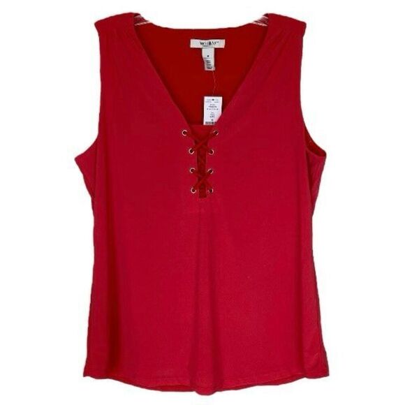 WHBM Hot Pink Lace Up Stretch Relaxed Sleeveless V-Neck Blouse NWT Size Medium - Picture 1 of 6